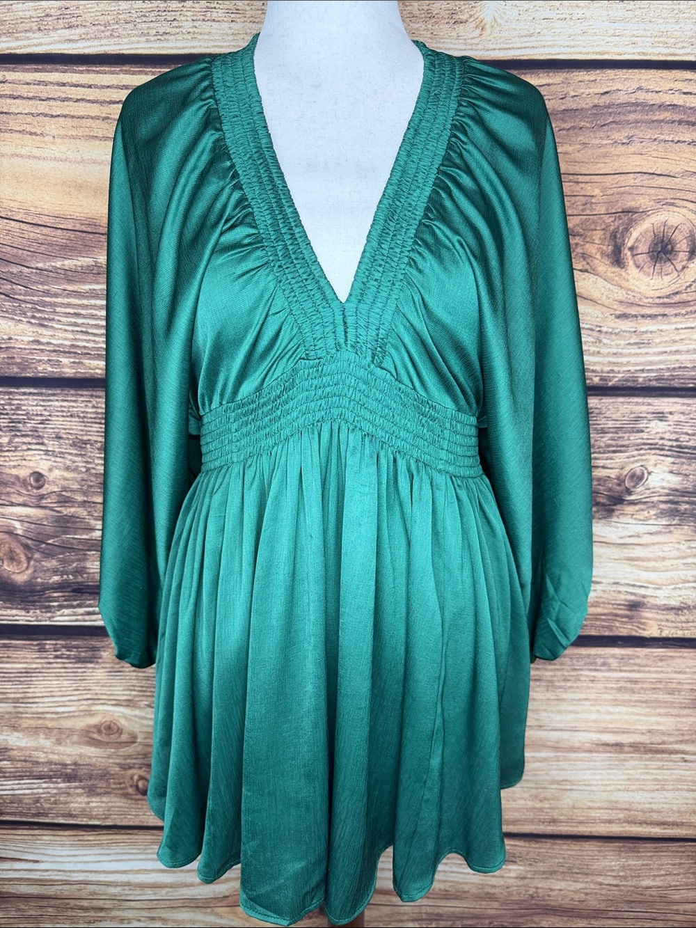 Green Long-Sleeve V-Neck Smocked-Waist Dress